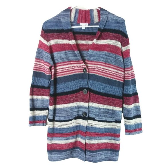 J Jill Cardigan Small Petite Stripe Cotton Linen Modal Pockets Shawl Collar - Picture 1 of 8